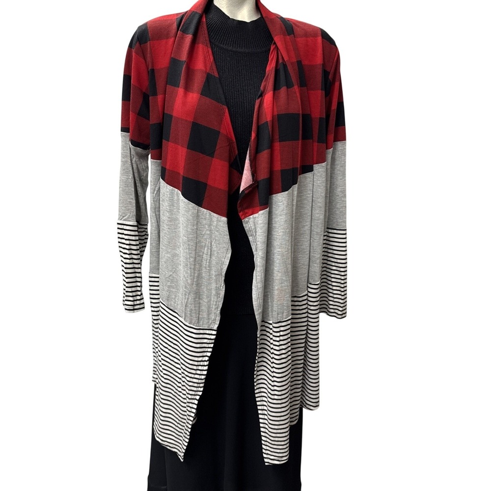 Women's Open Front Cardigan L-XL READ DESC Red Black Plaid Great With Stripes